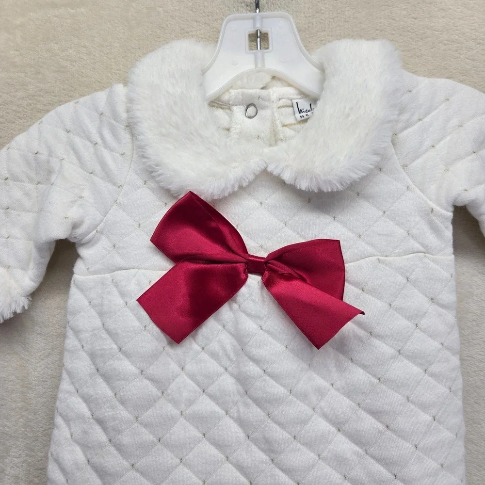 Nicole Miller New York Baby Girl Quilted Footie White Faux Fur Red Bow 0-3 Month